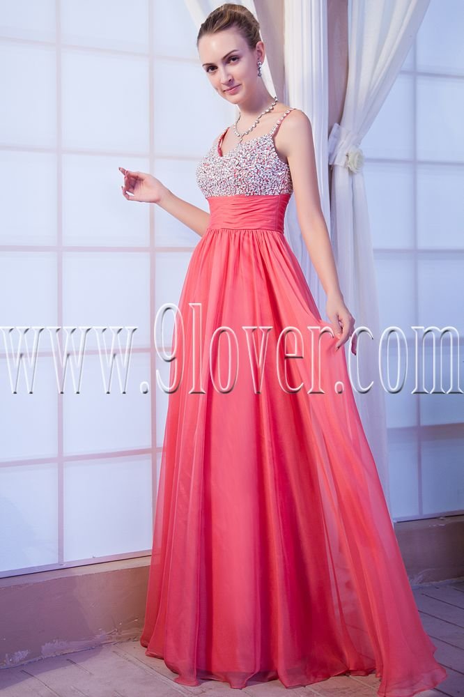 new faddish water melon chiffon straps a-line floor length prom dress IMG-9943