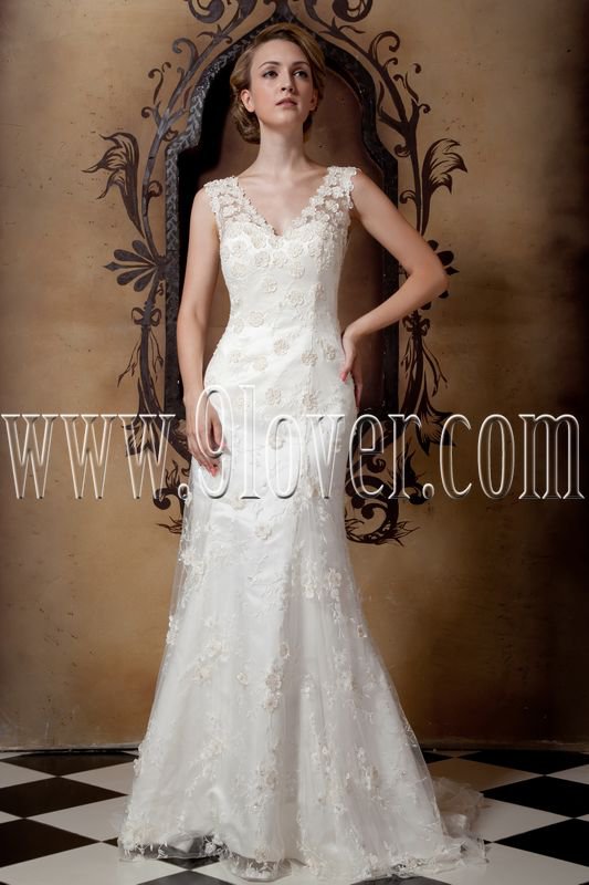 glamour white lace a-line floor length wedding dress with appliques IMG-1659