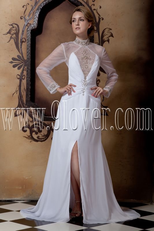 stunning high neckline sheer sleeves a-line floor length beach wedding dress IMG-1700