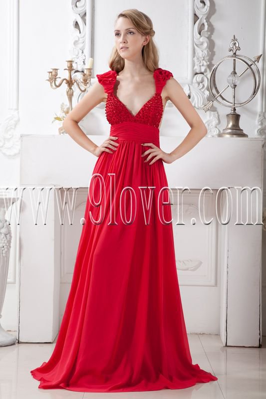 low-cut v-neckline red chiffon empire floor length maternity prom dress IMG-1911