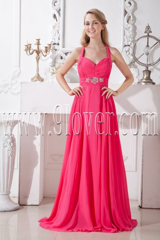 fuchsia chiffon halter neckline a-line floor length prom dress IMG-2121