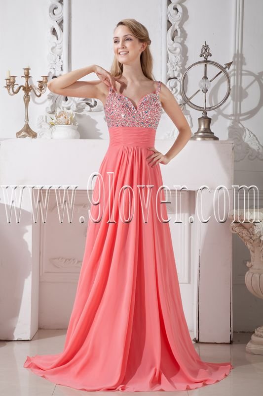 water melon chiffon spaghetti straps a-line floor length prom dress with beaded bodice IMG-2135