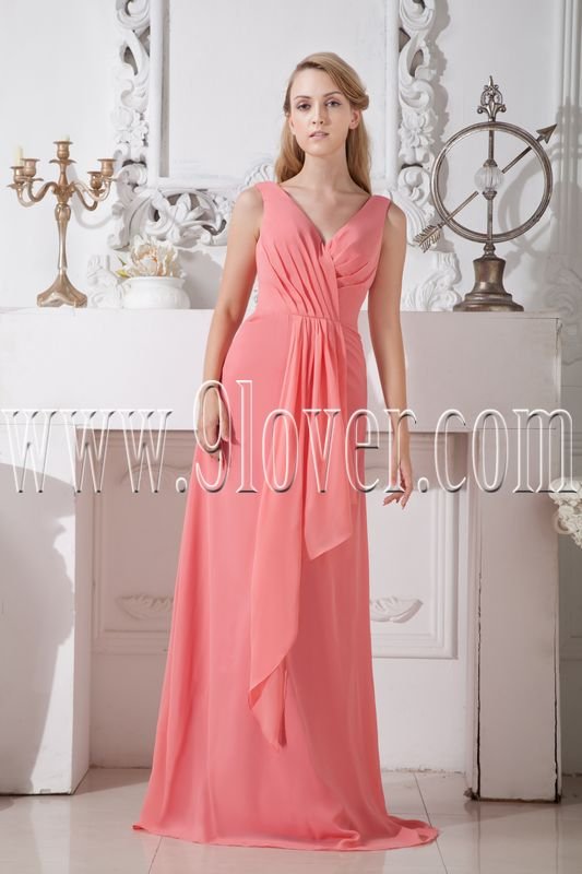 v-neckline water melon chiffon a-line floor length sleeveless bridesmaid dress IMG-2147