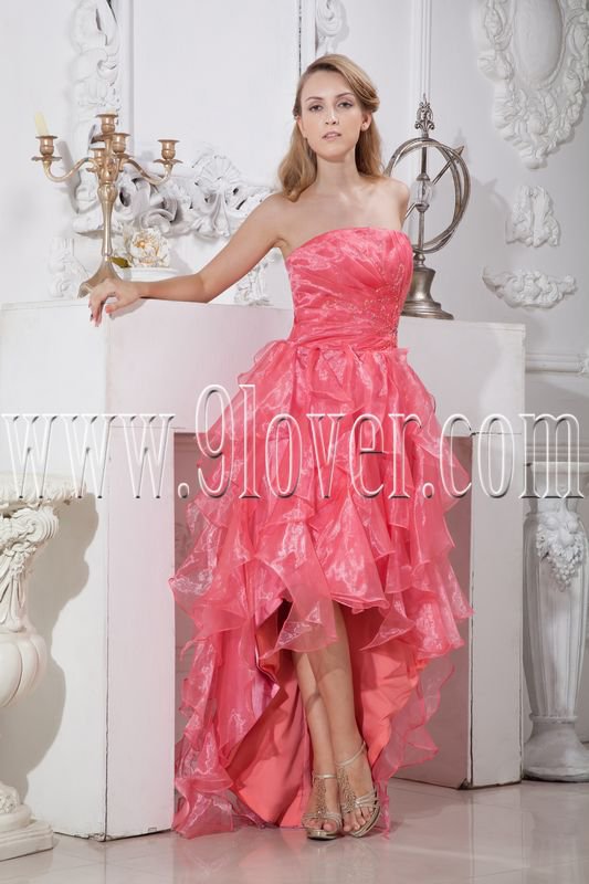 hot pink organza strapless a-line floor length prom dress with ruffles skirt IMG-2166