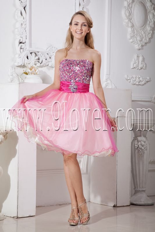 cute pink tulle strapless a-line knee length cocktail dress IMG-2182