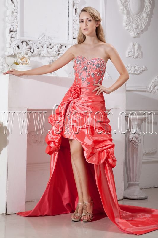 modern orange red taffeta sweetheart a-line mini length prom dress with brush train IMG-2228