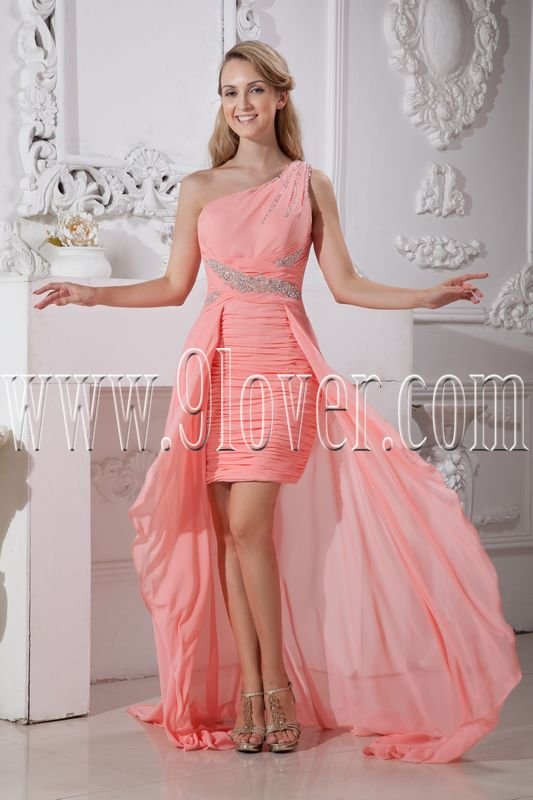 modern pink chiffon one shoulder a-line mini length cocktail dress IMG-2259