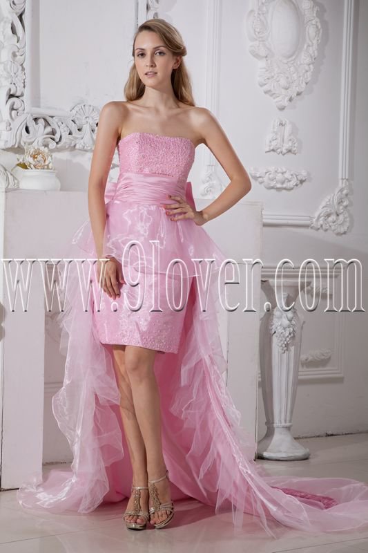 pink organza strapless neckline a-line knee length cocktail dress with chapel train IMG- 2284