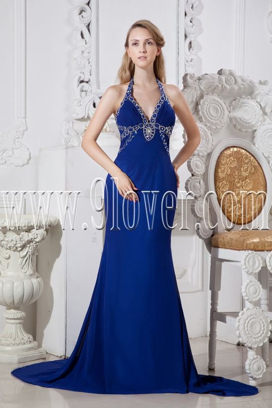 halter neckline royal blue chiffon a-line floor length formal evening dress IMG-2420