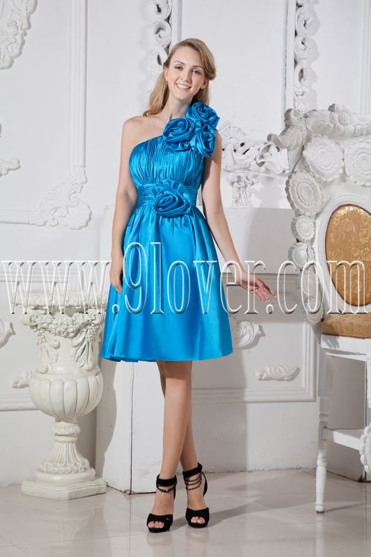 one shoulder sky blue a-line knee length bridesmaid dress IMG-2435
