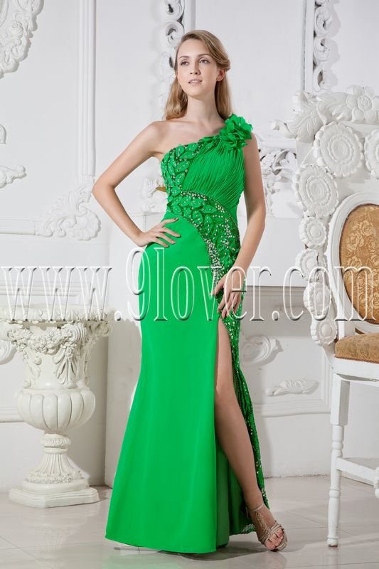 bud green chiffon column floor length one shoulder informal evening dress with split skirt IMG-2514