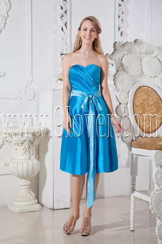 blue satin shallow sweetheart neckline column tea length bridesmaid dress IMG-2547