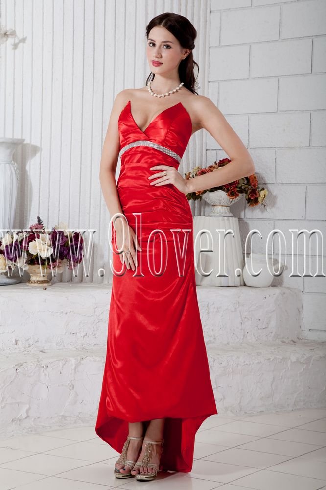 v-neckline red satin front short long back floor length prom dress IMG-6742