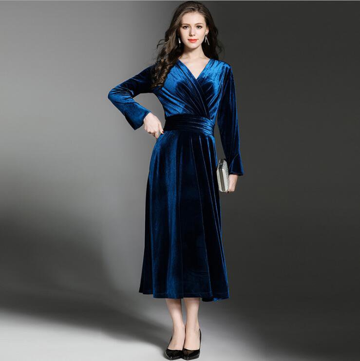 Simple Long Sleeve V neck Tea Length Velvet Dress