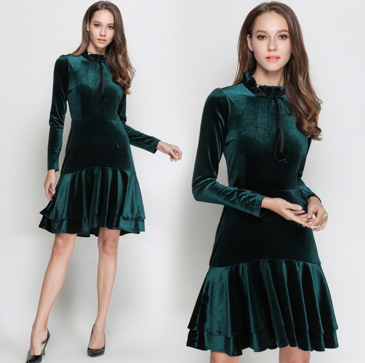 Sweet Hunter Green Long Sleeves Ruffle Short Dress