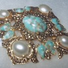 Vintage Signed Sarah Coventry Large Faux Turquoise and Pearl Diamond-Shaped Brooch Vintage Signed Sarah Coventry Large Faux Turquoise and Pearl Diamond-Shaped Brooch