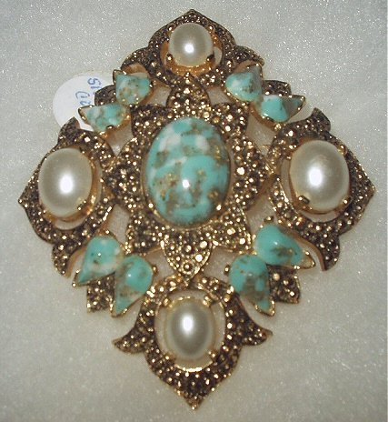 Vintage Signed Sarah Coventry Large Faux Turquoise and Pearl Diamond ...