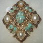 Vintage Signed Sarah Coventry Large Faux Turquoise and Pearl Diamond-Shaped Brooch