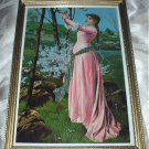 Victorian Lady in Pink Gown Gathering Flowers Antique Chromolithograph-Wood Frame Victorian Lady in Pink Gown Gathering Flowers Antique Chromolithograph-Wood Frame