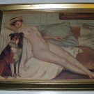 Nude Redhead Lounging Goddess Nymph Woman Lounging Collie Dog Beside Her Art Deco