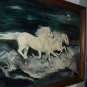 White Horses Three Stampeding Near Waters Moonlight Original Oil Painting On Canvas Board