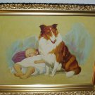 Collie Dog and Sleeping Baby Faithful Protection Artist F Gunther Original 1929 Antique Lithograph