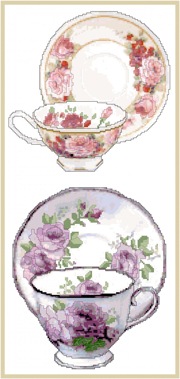 Roses Roses Teacups Cross Stitch Pattern Chart Graph