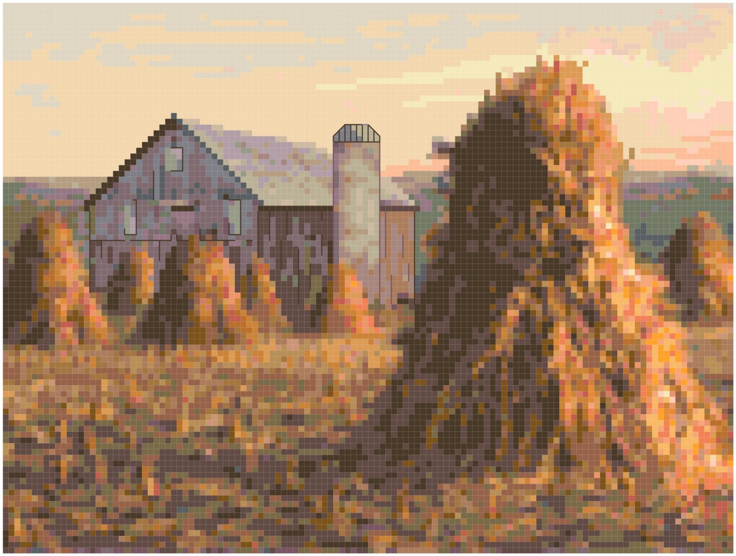 Bundled Corn Shocks Standing Tall at Sunrise Pattern Chart Graph