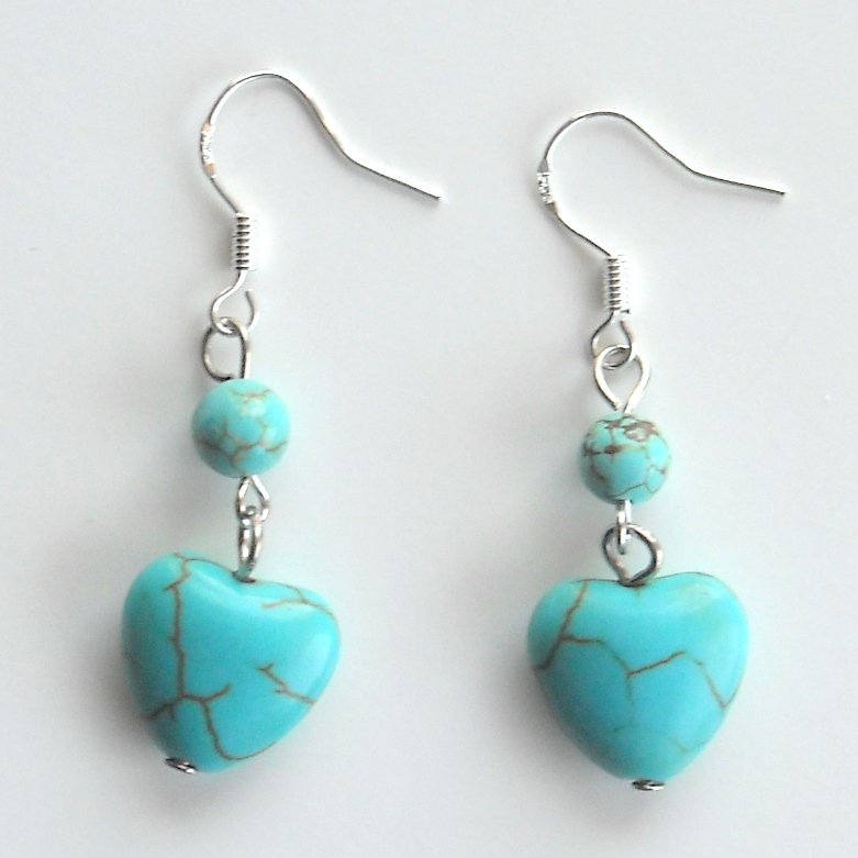 Turquoise Heart and Beaded Shaped Dangle 925 Silver Fashion Earrings