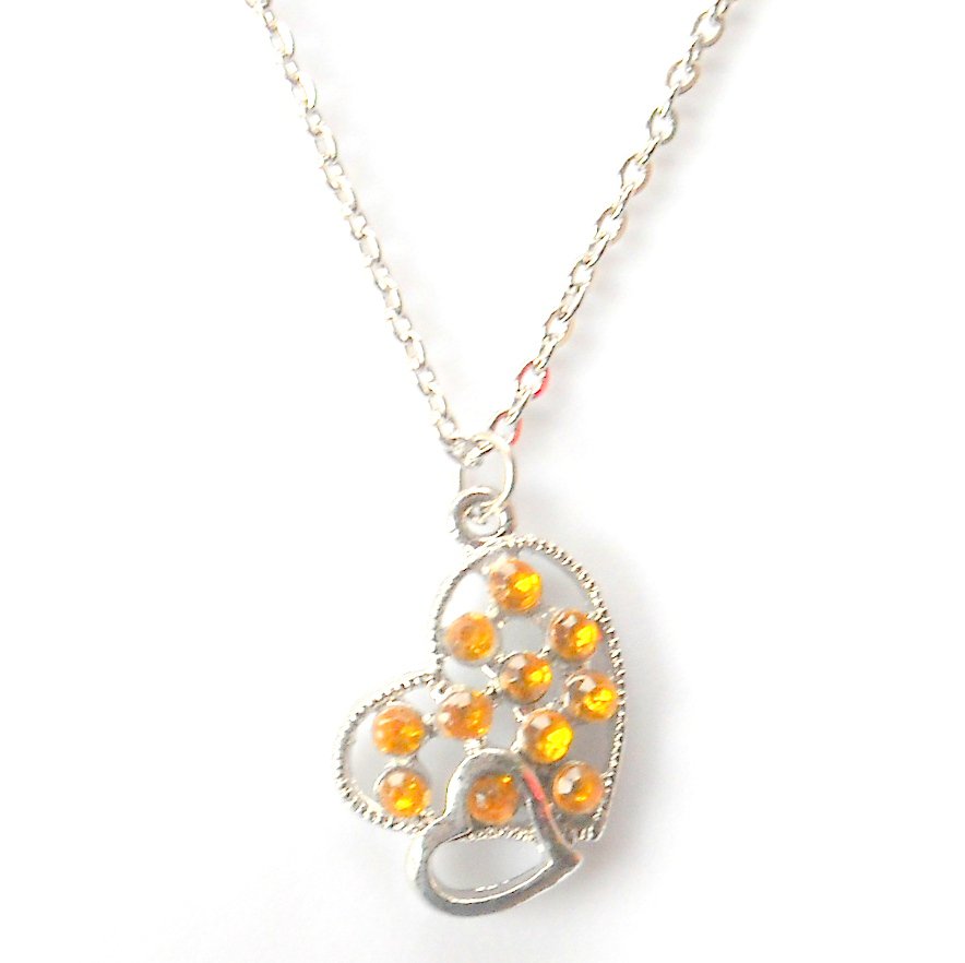 Austrian Crystals Amber Yellow Multi Stone Faceted Double Hearts Fashion Necklace