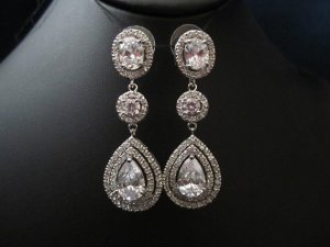 3 stone bridal earrings wedding earrings tear drop/pear cubic zirconia earrings