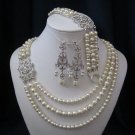 ATHENA SET, triple strand pearl necklace, bracelet, earrings,