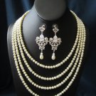 4 strand wedding, bridal necklace and earrings with swarovski pearls, swarovski rhinestones