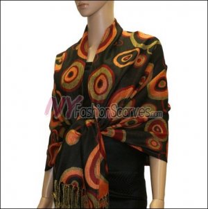 Multi Colored Circle Pashmina <br>Black w/ Red