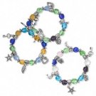 3 Bracelet, glass, multicolored with silver-colored beads and charms, 7-inch stretch.