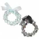Bracelet, stretch, acrylic, glass and organza ribbon, mint green/grey/silver/black