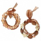 2 Bracelets -acrylic, brown/gold/amber yellow/silver, glass and organza ribbon,  7-1/2 inch