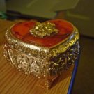 Vintage Footed Gold Brass Trinket Jewelry Box  Amber Top with Gold Rose  #00011