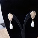 Gold Tone Shell Faux Pearl Dangle Earrings  #00125