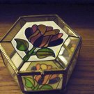 Interpur Six Sided Stained Glass and Brass Footed Jewelry Trinket Box Etched Flowers on Lid #00120