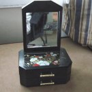 Vintage Oriental Plastic Two Drawer Black Jewelry Box with Stand Up Mirror #00106