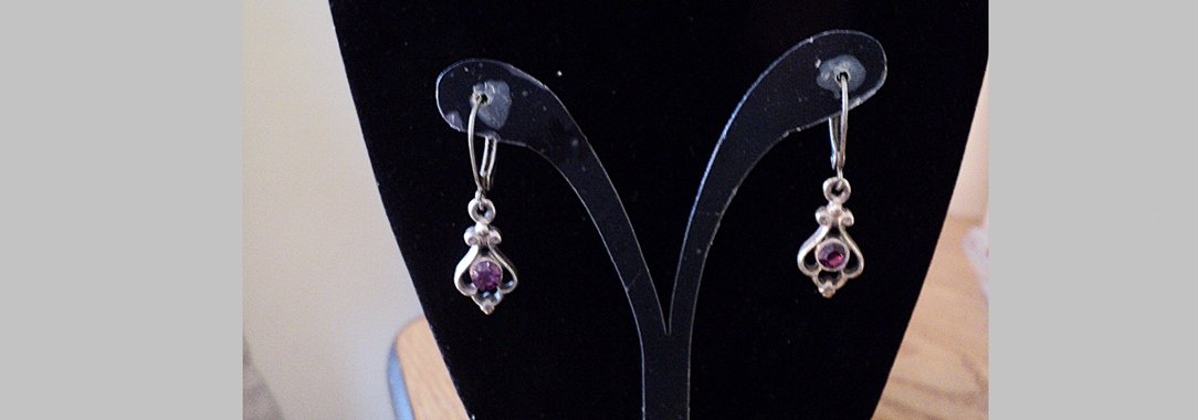 Silver and Amethyst Lever Back Dangle Earrings #00244