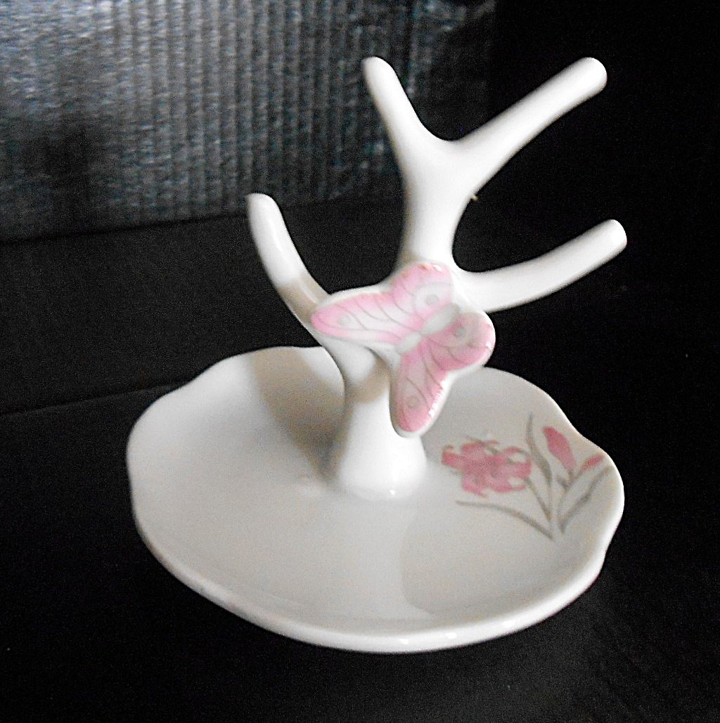 White Porcelain Butterfly on Tree Ring Holder and Tray #00291