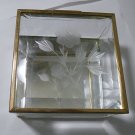 Vintage Clear Glass Gold Tone Hinged Lid Trinket Jewelry Box Etched Rose #00299
