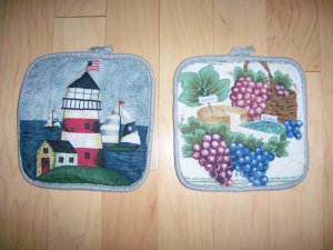 Pair Pot Holders 7x7 1/2 LightHouse & Grapes&Cheese