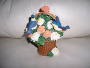 Two Blue & Yellow Birds In Basket Of Flowers BNK386
