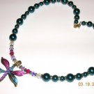 Teal Swarovski Pearl Necklace with Sterling Silver, Swarovski Crystals, and a Dragonfly Pendant