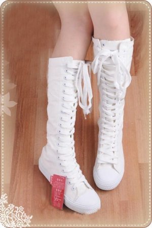 Women shoes PUNK white canvas boots lace up sneakers knee high