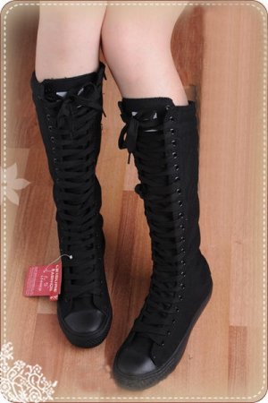 Women shoes PUNK Black Canvas boot lace up sneakers knee high