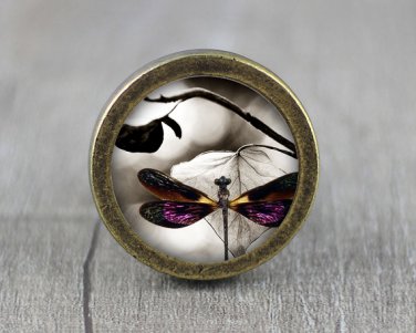 Butterfly Glass Cabochon Bronze cabinet Dresser Knobs pull / Dresser Pull